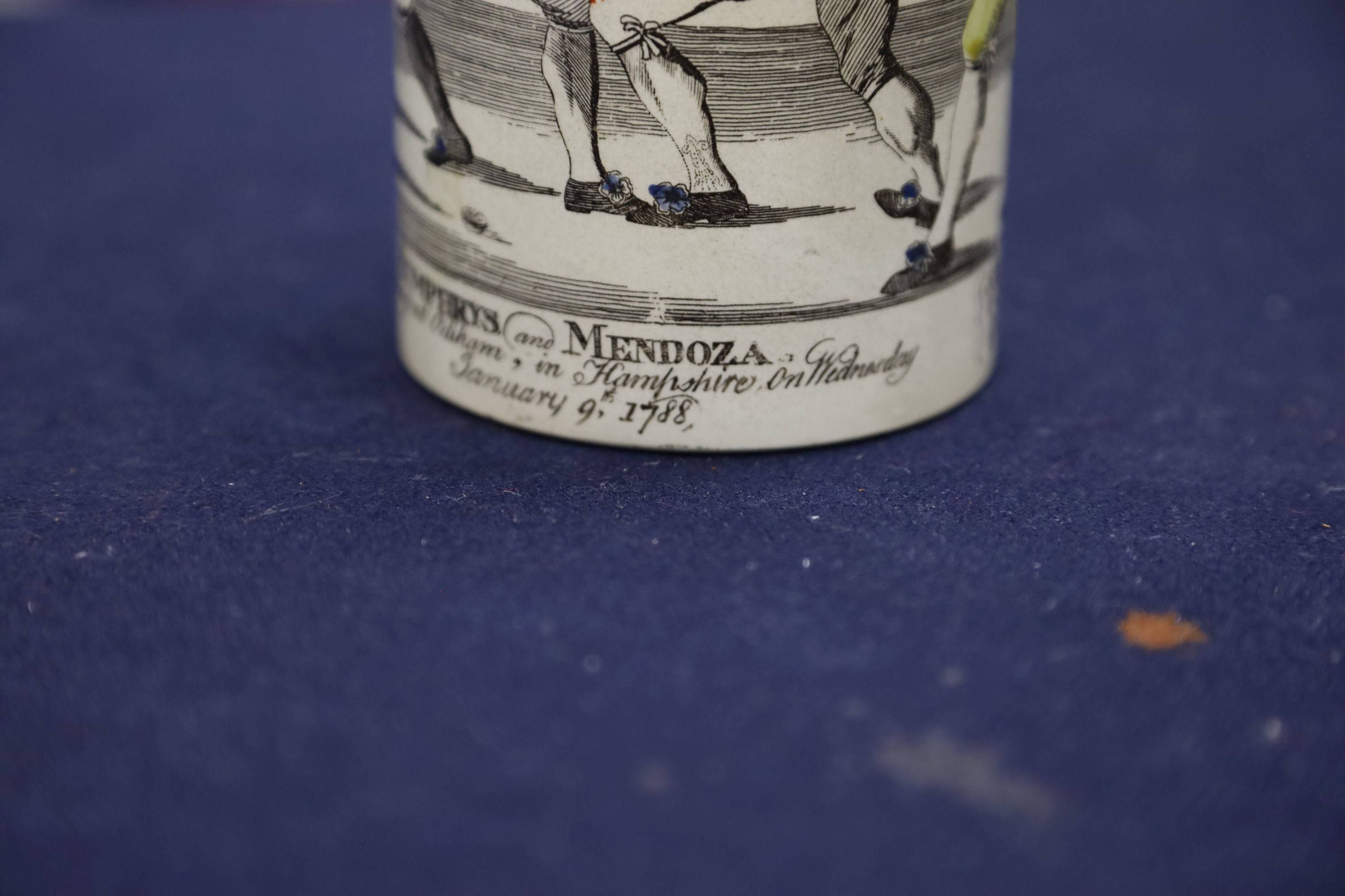 Boxing History- A late 18th century pearlware mug, depicting Humphreys v Mendoza, height 12cm